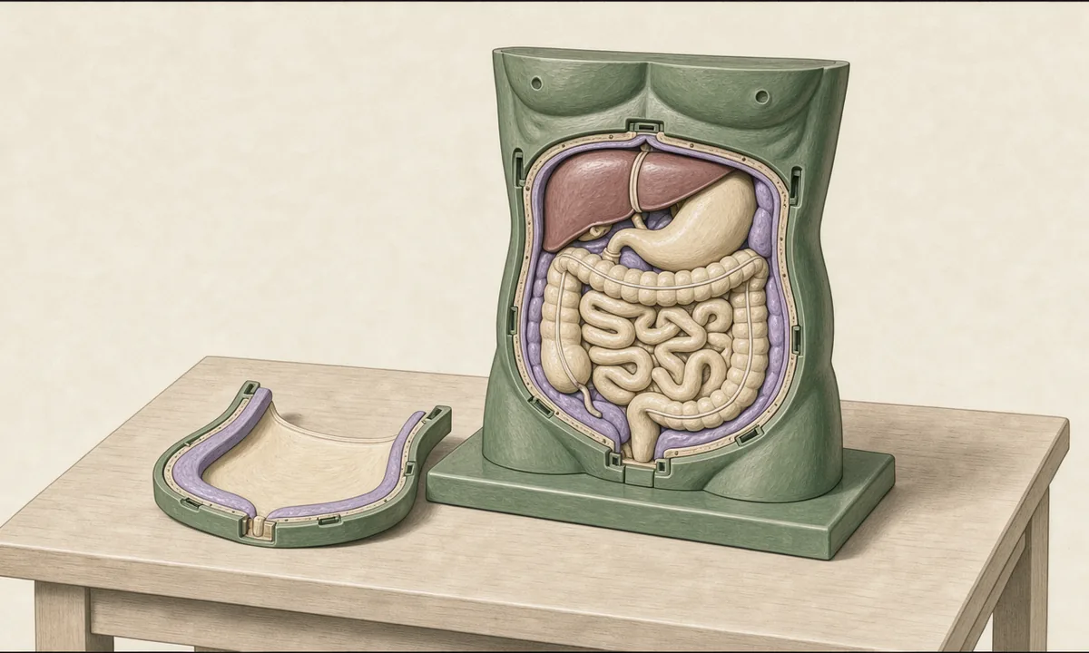 An opened anatomical teaching model showing fat near the skin and around abdominal organs
