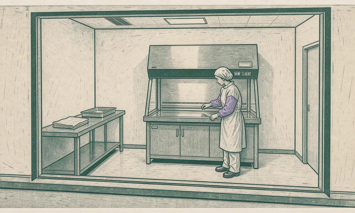 A pharmacy worker at a stainless steel hood in a clean preparation room