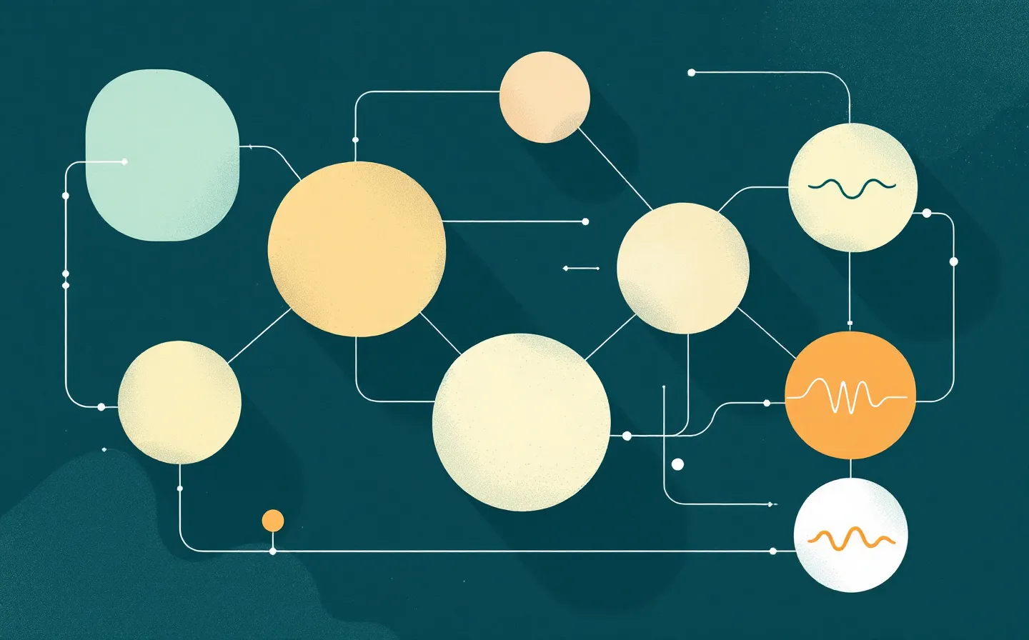 A flat bento board of variably-sized rounded cells holding abstract peptide-chain, signal-cascade, pulse-waveform and compartment glyphs in aqua and apricot, on a deep petrol-teal ground