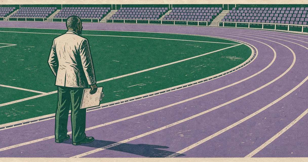 An illustrated trackside official beside cream lane markings on a lavender running track