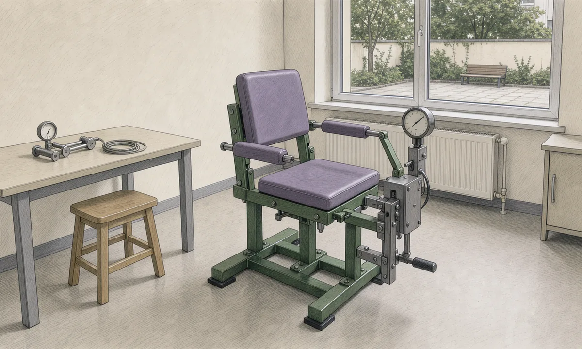 An empty strength-testing chair with a padded lever in a daylight research room
